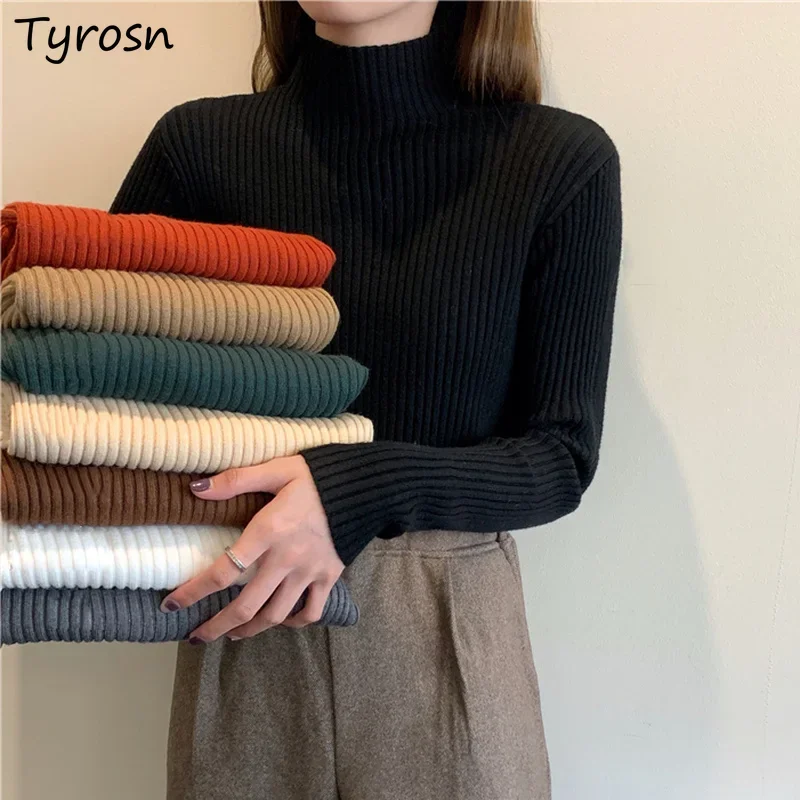 Women Sweaters Femme Basic Casual Slim Keep Warm Thickening Fashion Solid Mock Neck Candy Colors Tricot Simple Elegant Lady Cozy