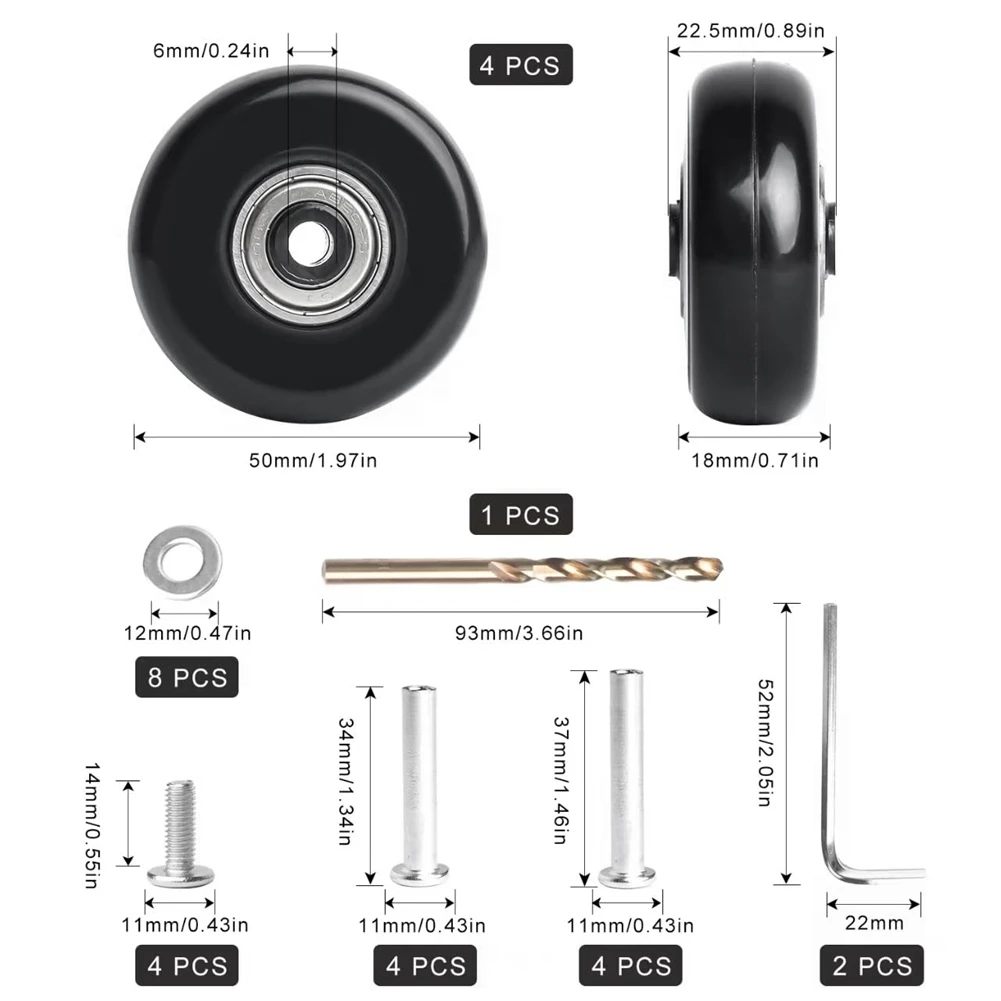 50mm Suitcase Luggage Wheels Replacement Kits, 4pcs Swivel Caster Wheels for Replacement Luggage Travel Suitcase Caster