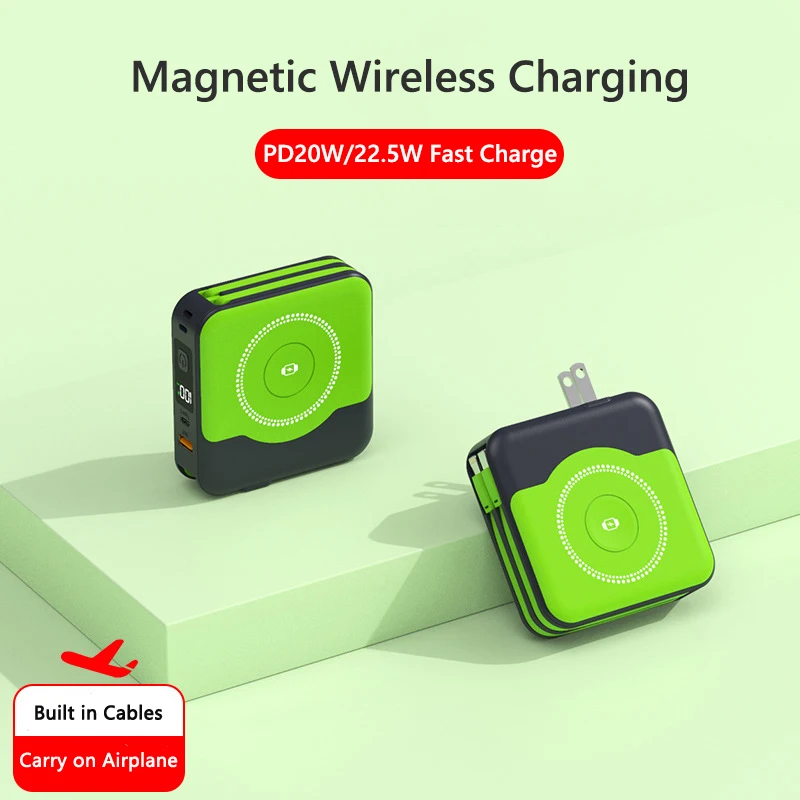 10000mAh Magsafe Power Bank USB C PD22.5W Fast Charging Wireless Charger for iPhone Apple Watch Magnetic Powerbank with AC Plug