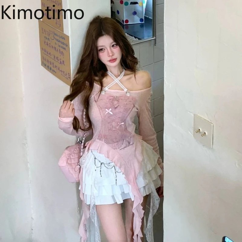 

Kimotimo Sweet Bow Lace Halter Camisole T-shirt Women Spring New Slim Fit Irregular Ribbon Crop Top Fairycore Y2k Aesthetic Tees