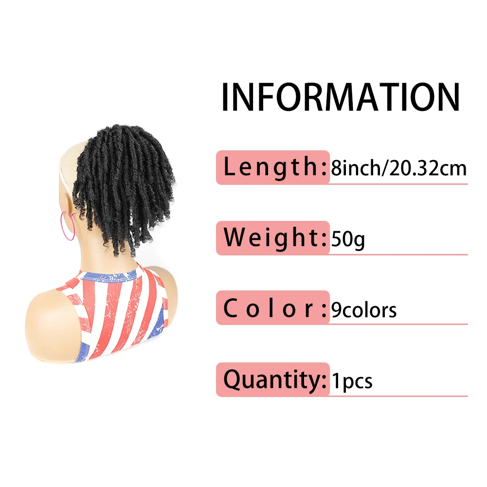 Belle Show Synthetic Dreadlock Ponytail Extensions 8 inch Short DreadLocks Bun Clips on Hair Ponytail Extension for Black Women