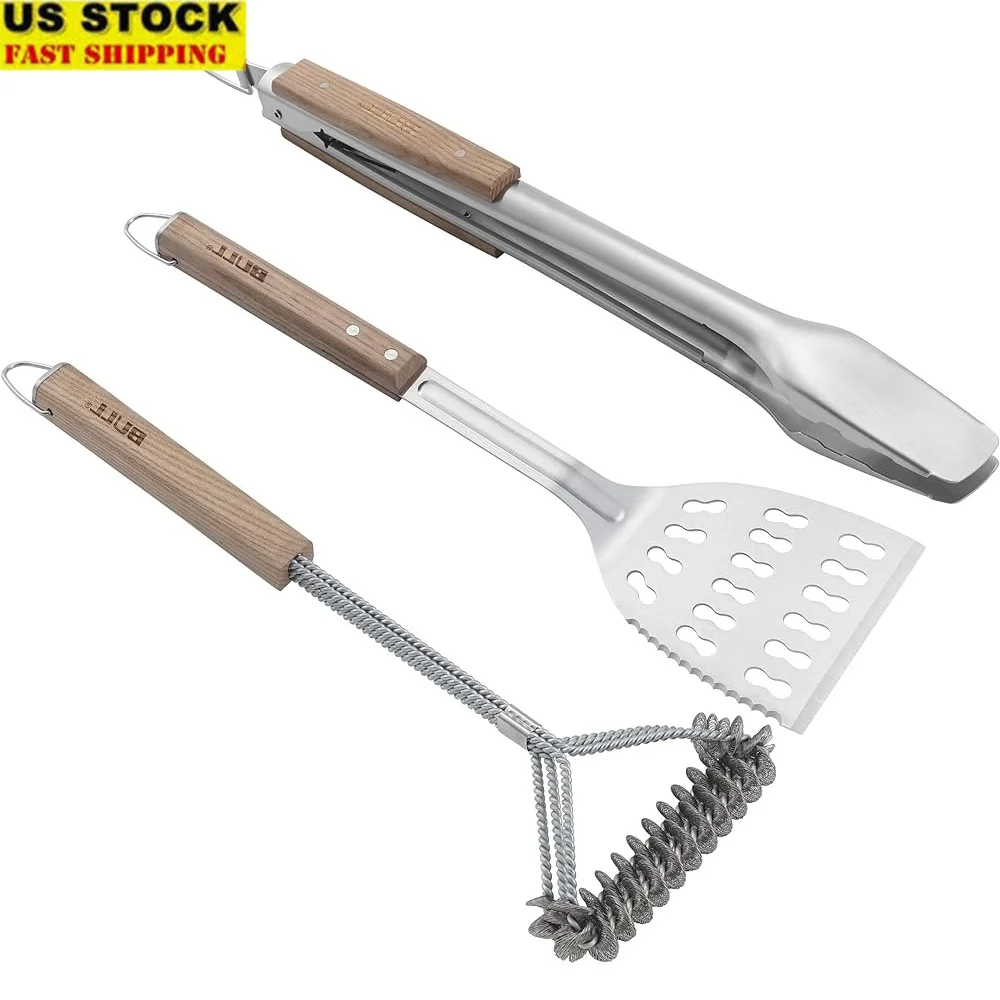 

Набор инструментов для барбекю из 3 предметов, лопаточка из нержавеющей стали, щипцы, щетка для гриля без щетины, деревянная ручка, аксессуары для приготовления пищи на открытом воздухе