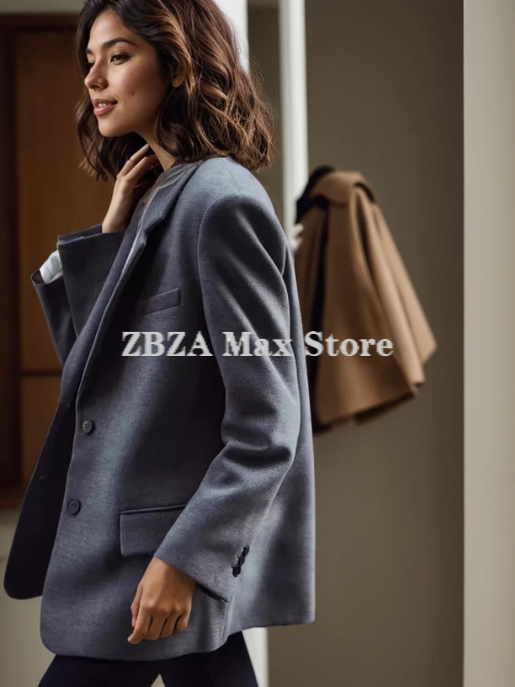 ZBZA Blazer donna allentato spalla risvolto monopetto tinta unita tasca manica lunga ufficio pendolarismo giacca dritta autunno Nuovo cappotto