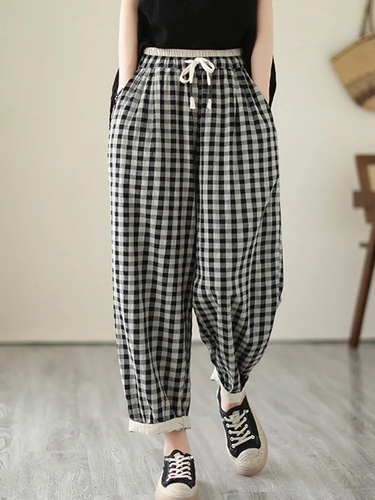 Women Casual Ankle-length Pants New Arrival 2023 Autumn Vintage Style Plaid Pattern Loose High Waist Female Harem Pants B2925