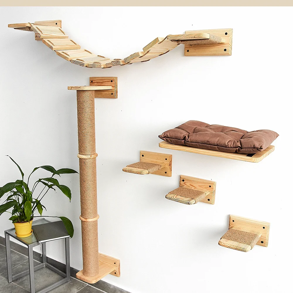 Cat Tree Wall Mounted Cat Climbing Wood Shelves Cat Jumping Platform or Hammock with Stairway for Kitten Playground Furniture