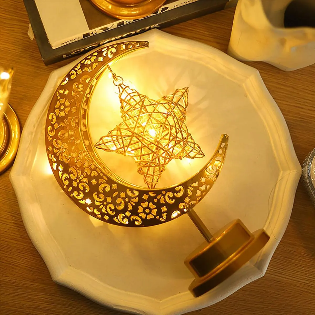 1pc Decorative Table Lamp LED Crescent Lamp Rattan Star Battery Powered Night Light For Home Eid Ramadan Party Festival Decor