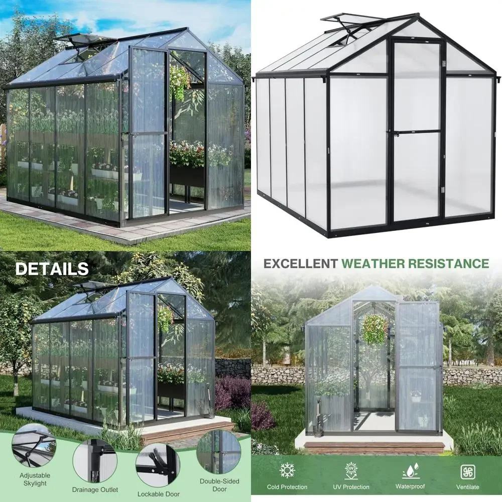 

Большая теплица из поликарбоната размером 6x8 футов с желобом, прочной алюминиевой рамой, мансардным светом и запираемыми двойными дверцами — идея