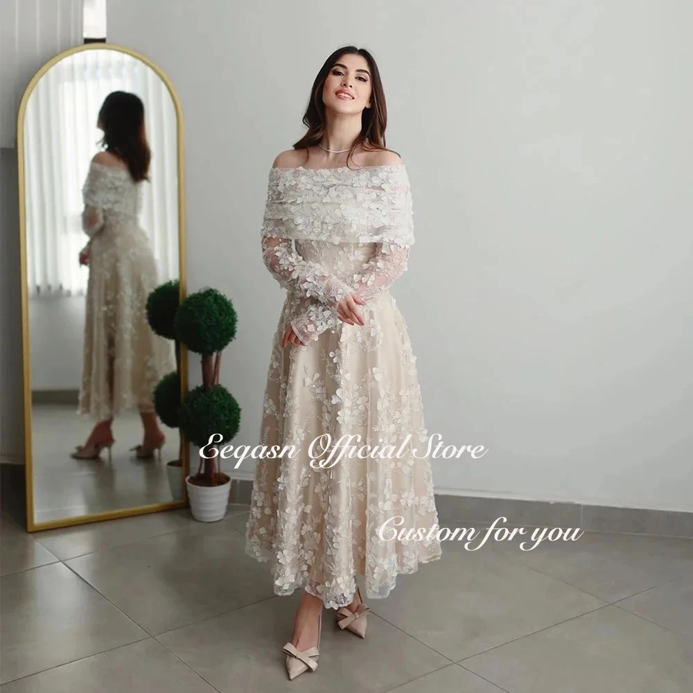 Luxury Champagne Evening Dresses Strapless Long Sleeves Formal Occasion Dress for Woman Saudi Dubai Wed Party Gowns Customized