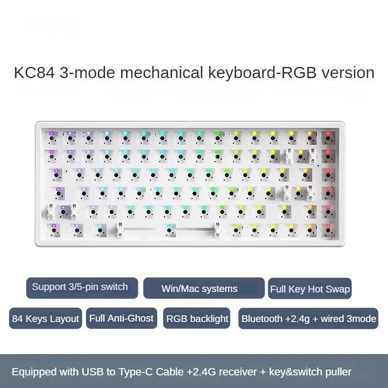 Imagem -02 - Mathew Kc84 Kit Faça Você Mesmo de Teclado para Jogos de Modo Triplo com Leds Rgb Pinos Pinos Teclado Bt5.0 2.4g Tipo-c Faça Você Mesmo Barebone Troca Quente