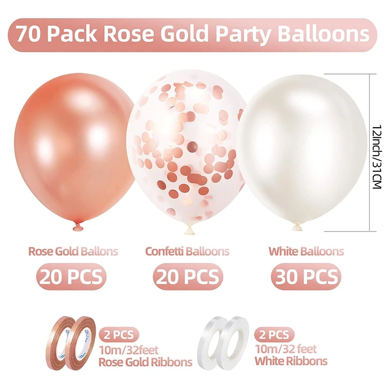 70PCS Rose Gold Balloons Set With Ribbons,12 Inch Latex Confetti Balloons For Birthday Party Wedding Anniversary