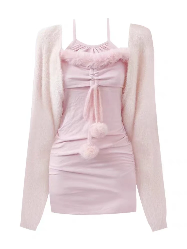 2023 Winter Pink Kawaii 2 Piece Dress Set Woman Sexy Slim Y2k Mini Dress + Casual Short Sweater Cardigan Cute Korea Fashion Suit