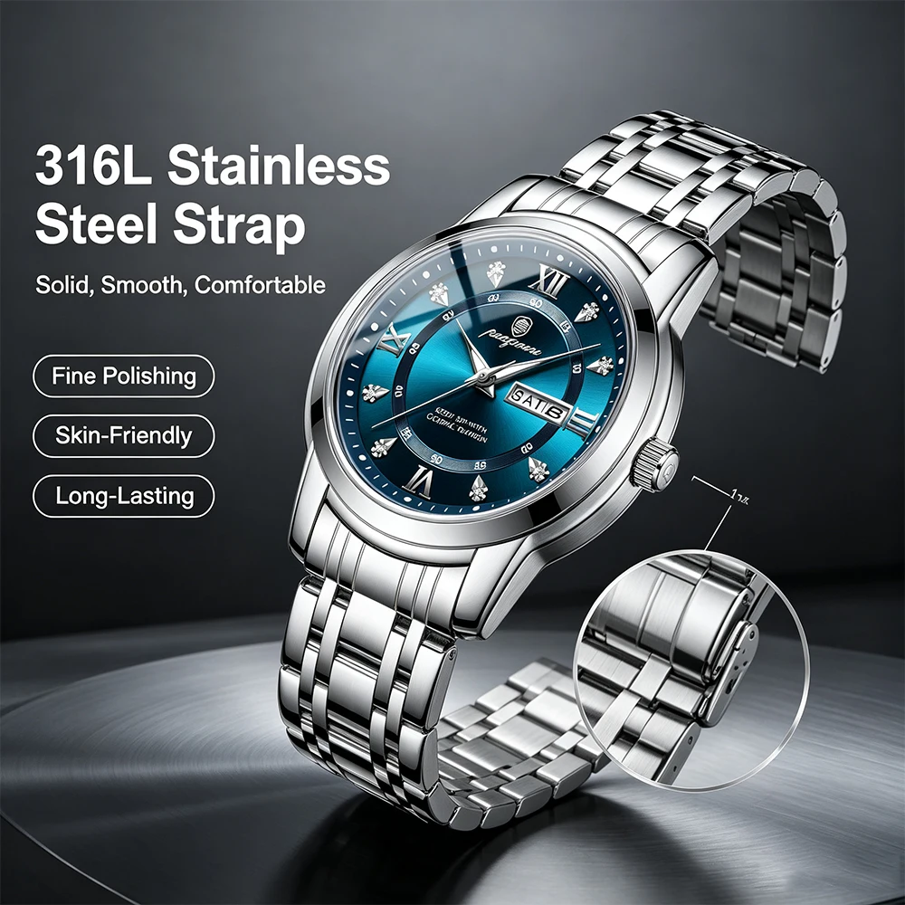 POEDAGAR Men's Business Quartz Watch, Blue Dial, with Day and Date Display, Stainless Steel Strap, Water-Resistant to 30 Meters,