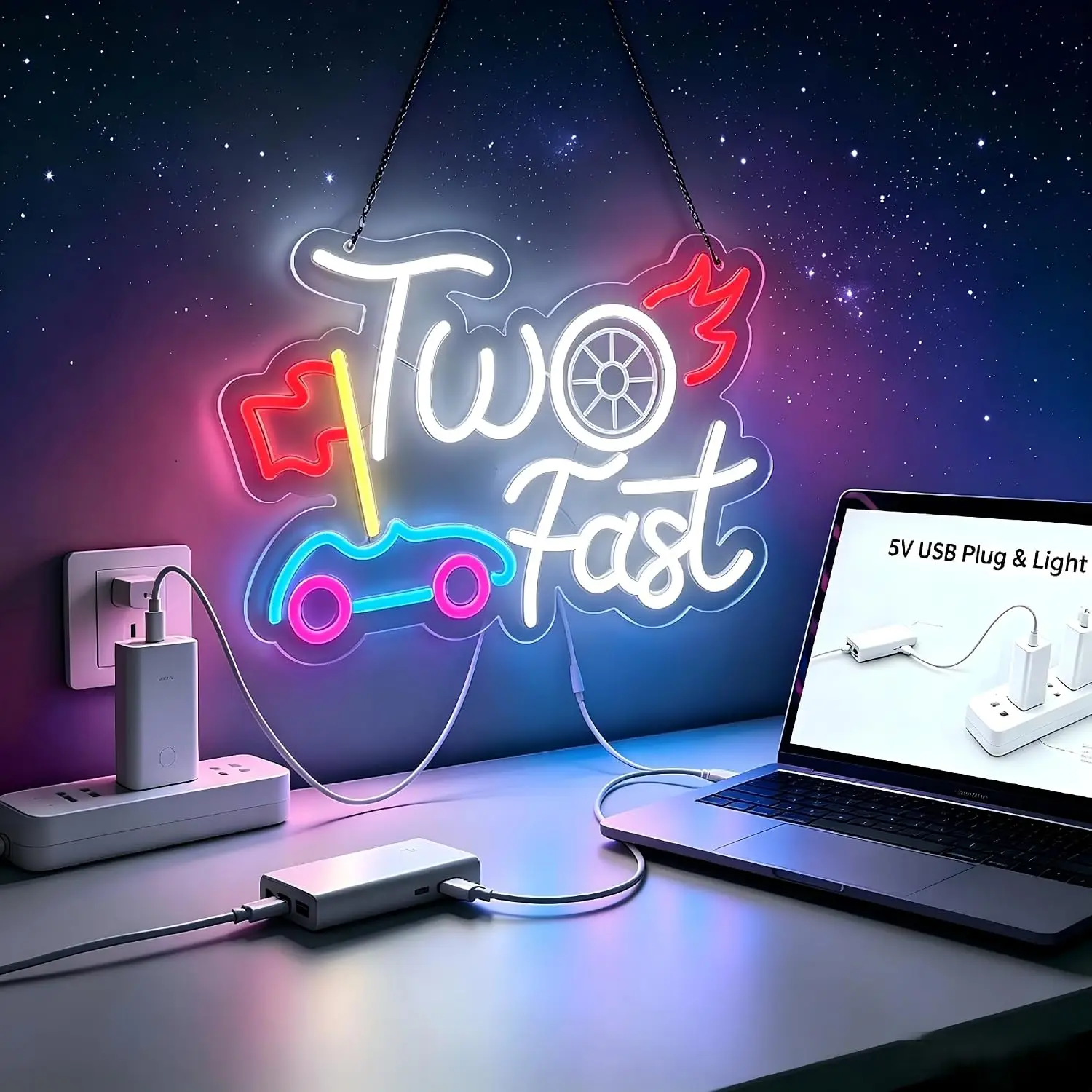 Two Fast Race Car Neon Sign LED Neon Light Racing Theme Wall Art For Kids Room Party Christmas Decor Xmas Gift USB Neon Lamp