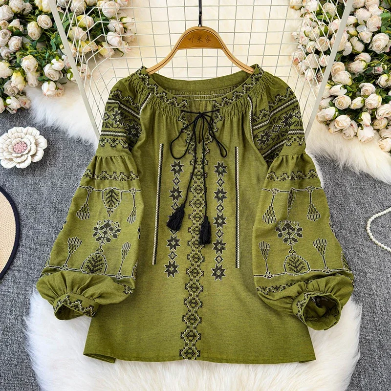 

Women Spring Autumn Blouse New Sweet Versatile Embroidered Lantern Sleeve Blusa Lace Up O-Neck Loose Age Reducing Top BL097