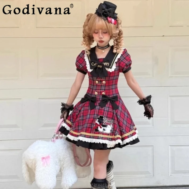 

Original Girls Cute Plaid Lolita Dress New Summer Japanese Small Lapel Slim Puff Sleeve Dress Op Women's Short A-line Dresses