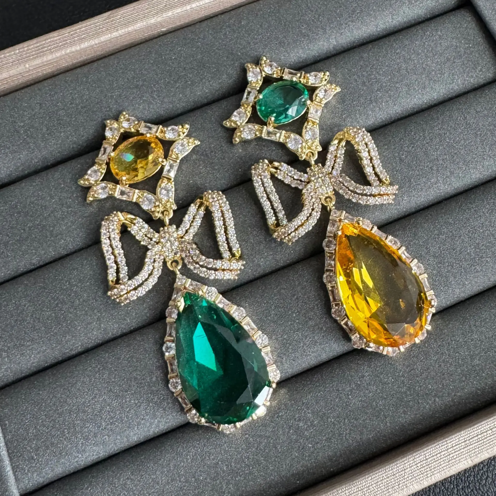 

cubic zirconia earrings for women wedding dinner party shiny luxury jewelry women dangling earrings green yellow water drop