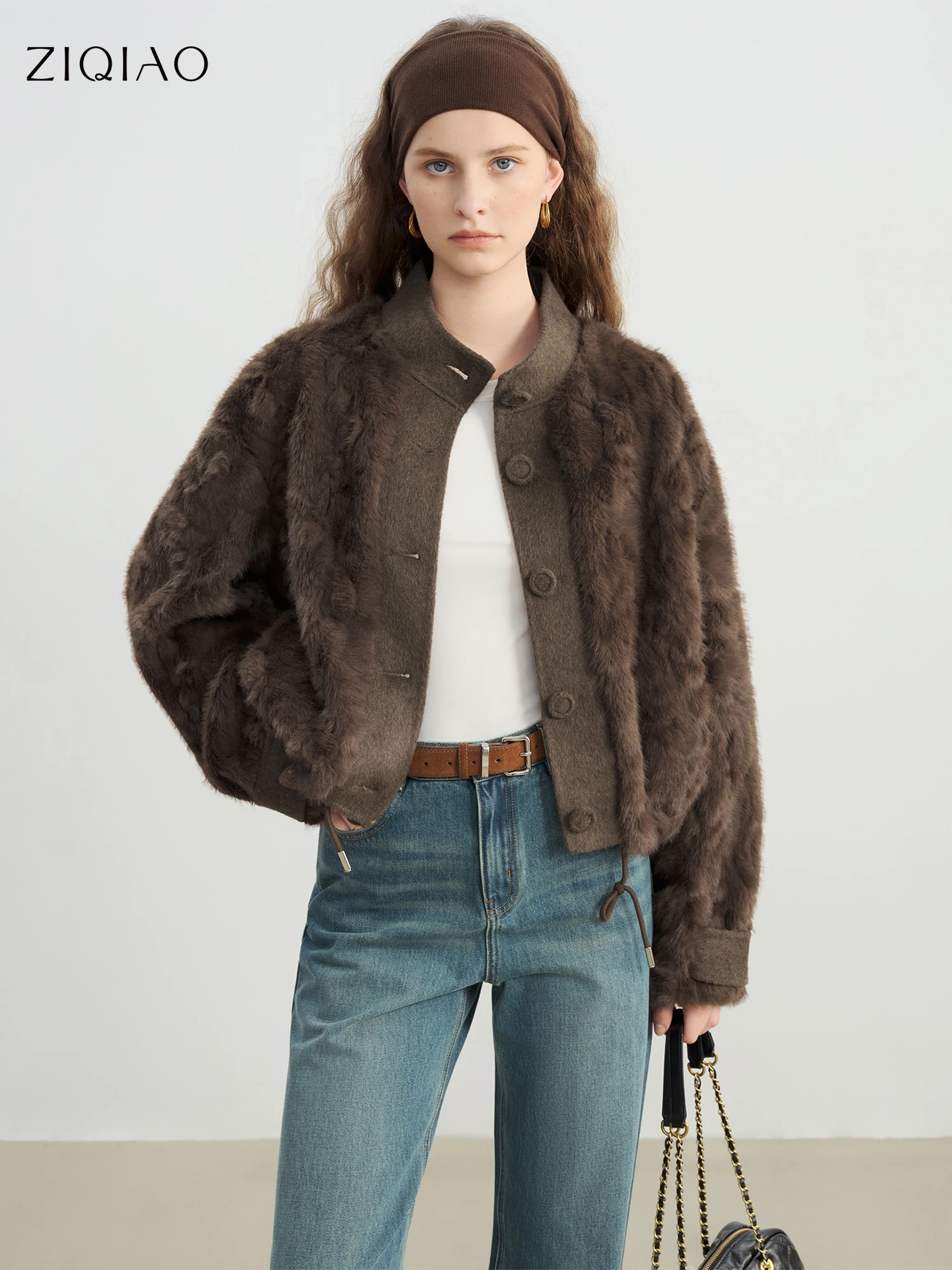 ZIQIAO Petite Women's Fuzzy Imitation Fur Stand-Up Collar Embossed Short Coat 2025 Winter New Arrival Warm Jacket Faux Fur