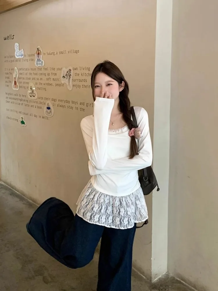 เสื้อยืดผู้หญิง Lace Patchwork ปลอม 2 ชิ้นน่ารักสไตล์ Halter Casual Kawaii เกาหลีสไตล์ Y2k High Street Slim สบาย