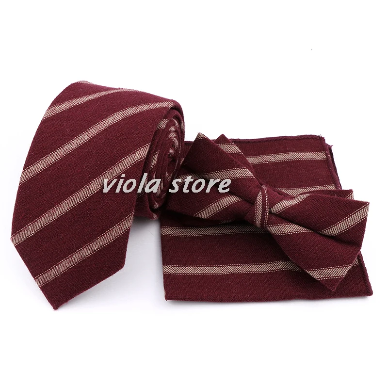 Fashion Plaid Striped Cotton 7cm Tie Set Bowtie Hanky Red Brown Khaki Young Men Wedding Party Leisure Suit Cravat Gift Accessory