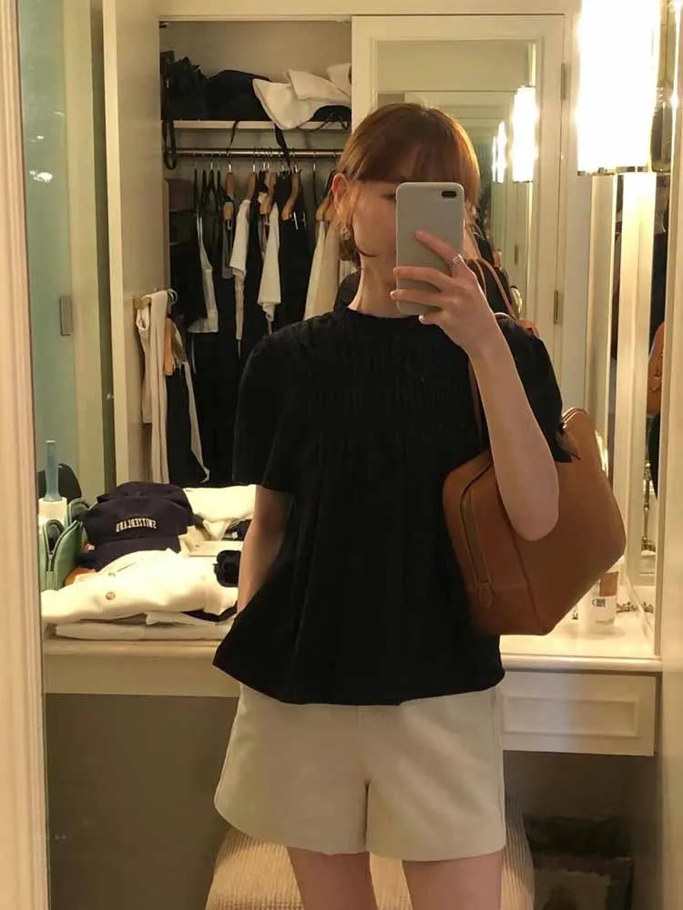 

White Loose Bubble Sve irt Stand Collar Chiffon Women's Chic Gentle Lace Trim New 2024 Top Faion Ladies Premium Blouse