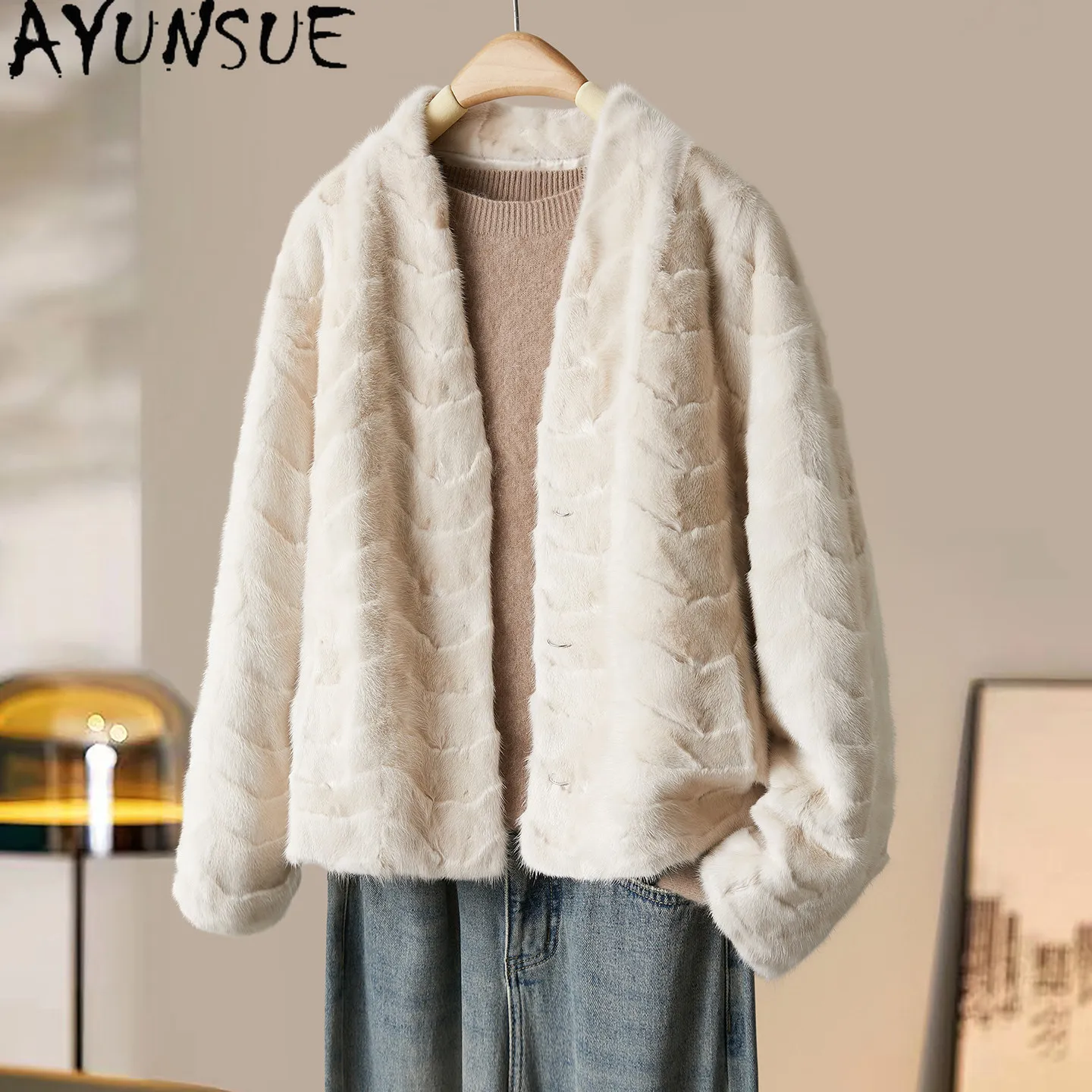 

AYUSNUE Real Mink Fur Coat Women 2026 Winter Clothes Real Fur Womens Coat New in Coats Patchwork Mink Шуба Женская Shor Style