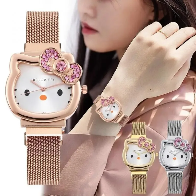 Kawaii Hello Kitty Bow Diamond Watch Sanrio Anime Fashionable Quartz Watches Cute Cartoon Magnet Watches Girls Birthday Gifts