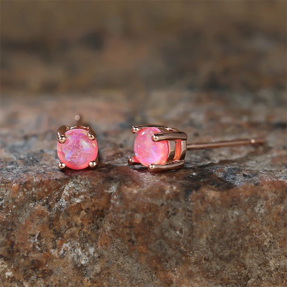 Cute Pink Opal Small Round Stone Stud Earrings For Women Trendy Rose Gold Color Wedding Accessory Earring Valentine Jewelry Gift