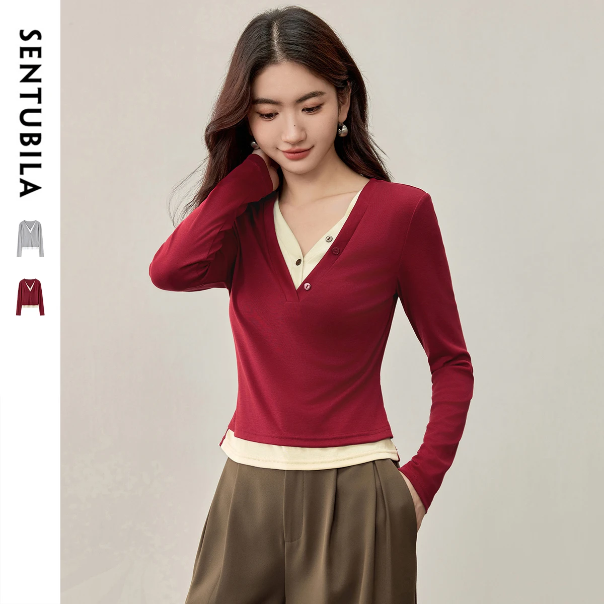 SENTUBILA Knitted T-shirt Women's Autumn Simple Double-Layer Fake Two-piece V-neck Long-sleeved Contrasting Color Top 161TD6504X