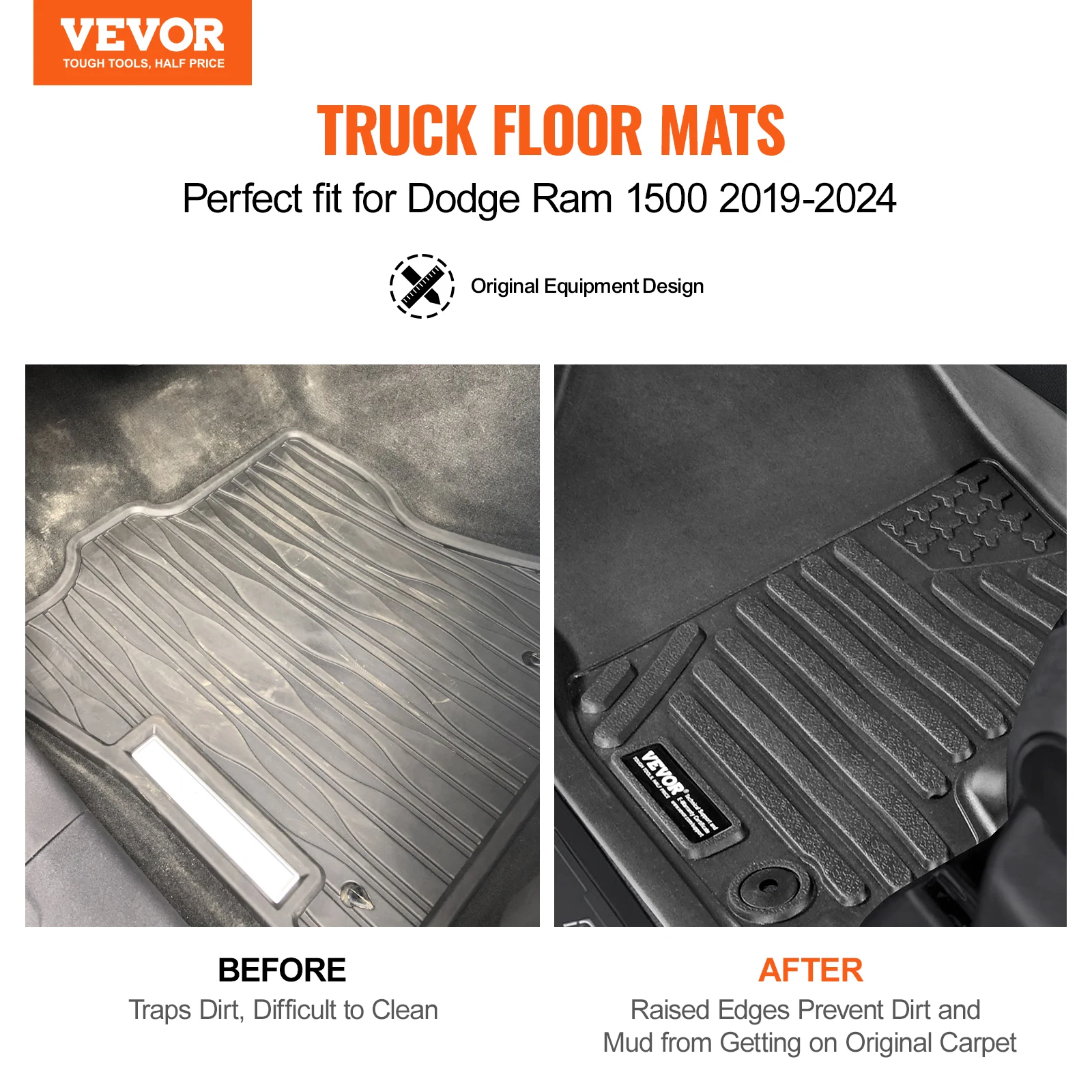 VEVOR Automotive Floor Mat Fit for Dodge Ram 1500 2019-2024, 3 pcs Front and 2nd Row Liners Fit TPE Vehicle Floor Mats for Truck