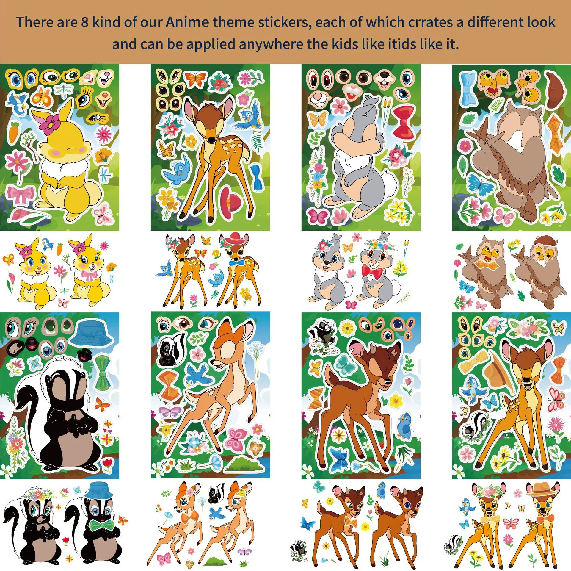 8/16Sheets Disney Bambi Cartoon Puzzle Sticker DIY Phone Laptop Luggage Skateboard Graffiti Decals Fun for Kid Gift