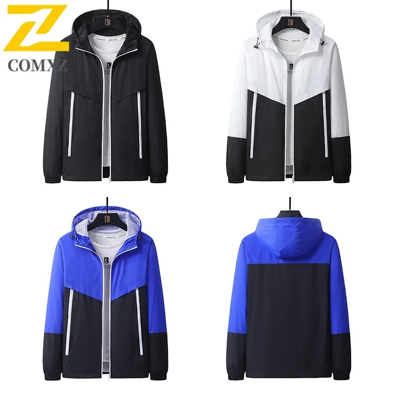 COMXZ Men Hooded Jacket Color Blocking Outdoor Adventure Hiking Camping Hunting Windbreaker Coat Autumn Adventure Techwear Coat