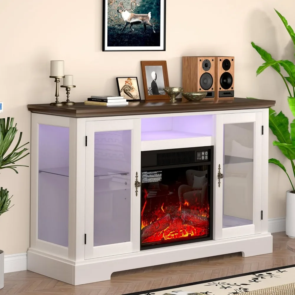 Caminetto Elettrico con LED, Caminetto Elettrico Supporto TV con Porte in Vetro e Shlef Regolabile, Camino Media Cons