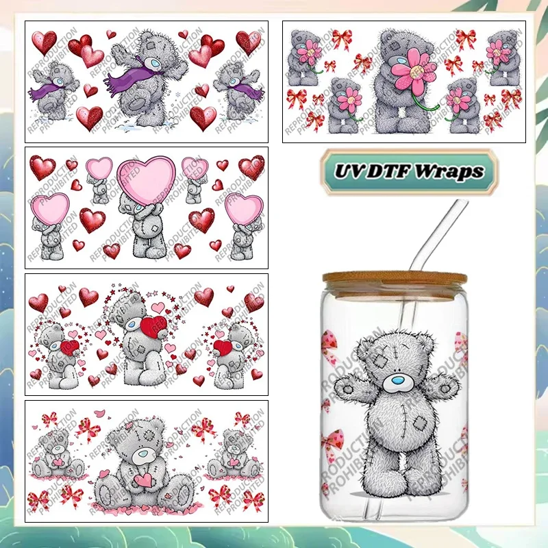 Cute Cartoon Bear 3D UV DTF Cup Wrap For 16ZO Libbey Glass Beer Can tumbler Transfer Stickers Waterproof DIY