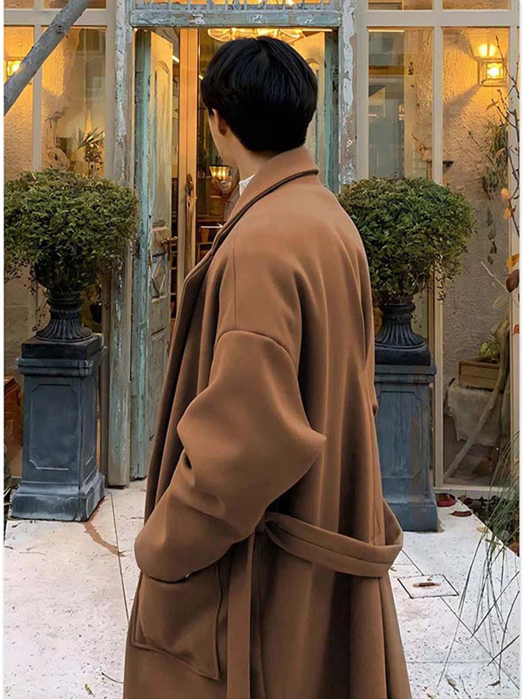 

Шерстяное пальто цвета хаки средней длины, осенне-зимнее, выше колена, в британском и корейском стиле, ветровка, для высоких мужчин, шерстяное пальто-жакет фасона «русалка»