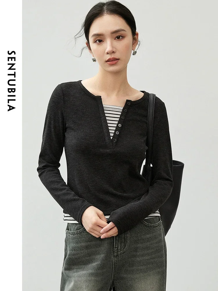 

SENTUBILA Slim Fit Striped T-shirt Women 2024 Autumn Patchwork 2 in 1 Top Rond Neck Long Sleeve Simple Women Tees 143T56388