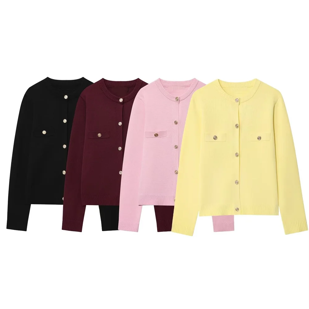 

Новый женский модный повседневный универсальный однобортный вязаный кардиган с круглым вырезом и длинными рукавами, куртка-свитер