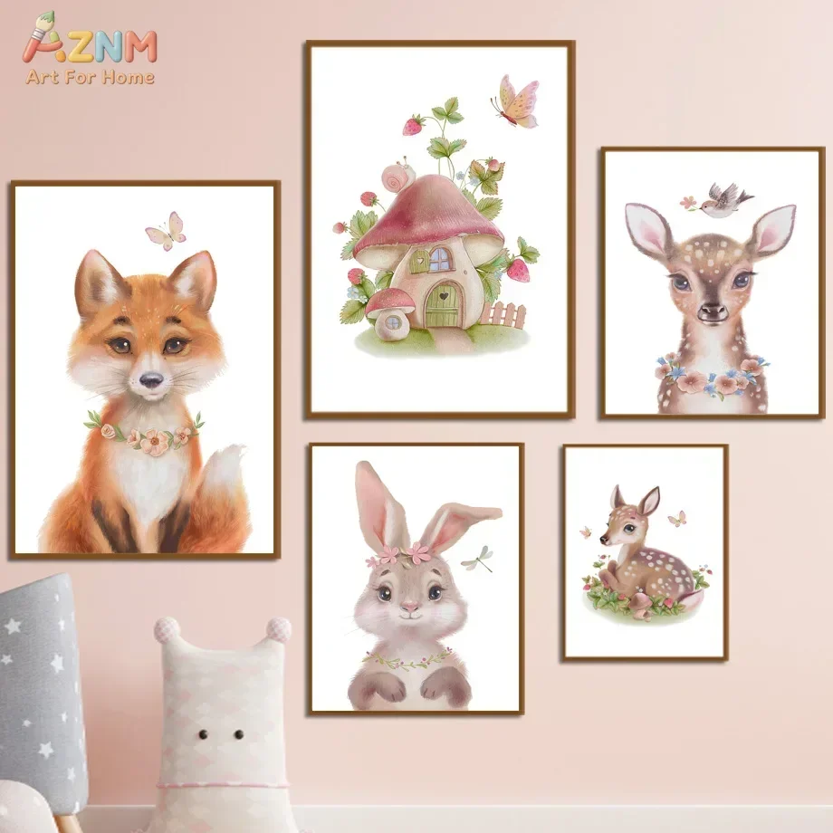 AZNM Fairy Princess Forest Animal Canvas Print, Bunny Deer Mushroom House Unframed Canvas Painting, Girls Nursery Wall Art Decor