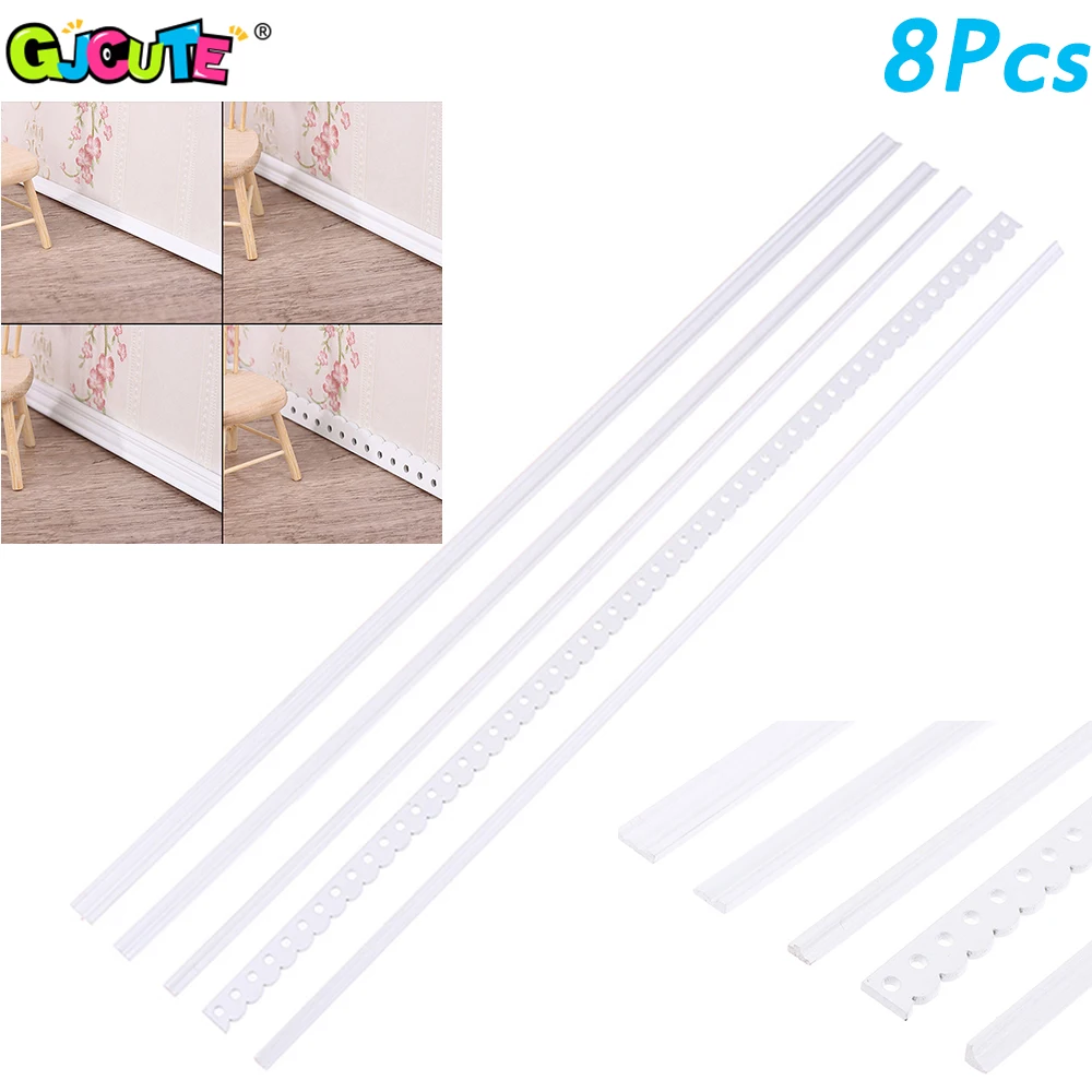 8Pcs 1:6/1:12 Dollhouse Miniature Accessories Molding Wood Trim Skirting Line Wall Panel Waist Lines White Baseboard Top Line