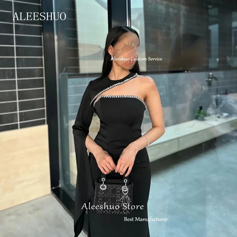 Aleeshuo moderno preto sereia vestido de noite sexy plissado frisado cristal o pescoço formal um ombro até o chão baile personalizado