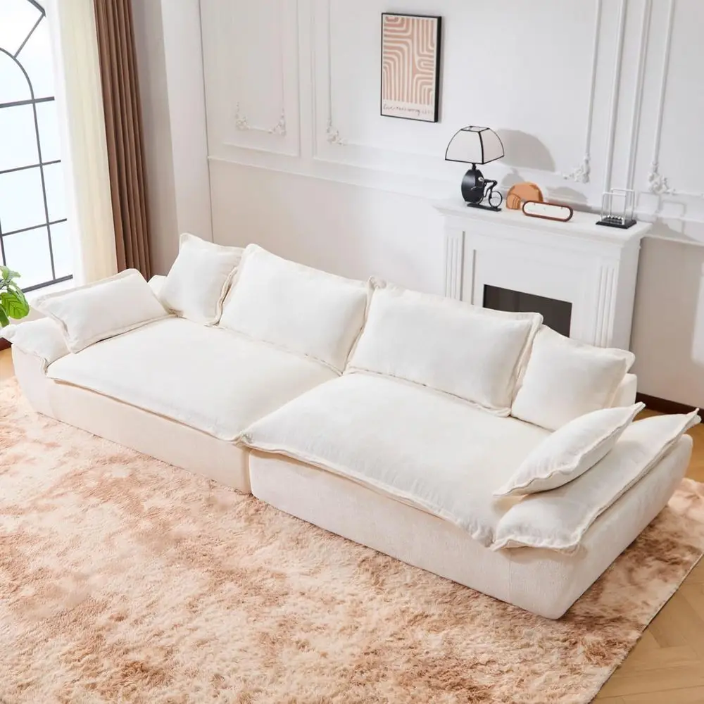 

Deep Seated Cloud Sectional Sofa with Wide Armrests, Pillows, and Chic Design for Living Spaces (White)