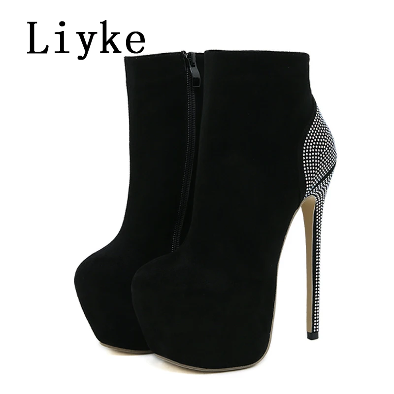 Liyke Black Women Zip Sexy Party Nachtclub Stripper Pole Dance Platform Boots Fashion Crystal Rhinestone High Heels Shoe Size 42