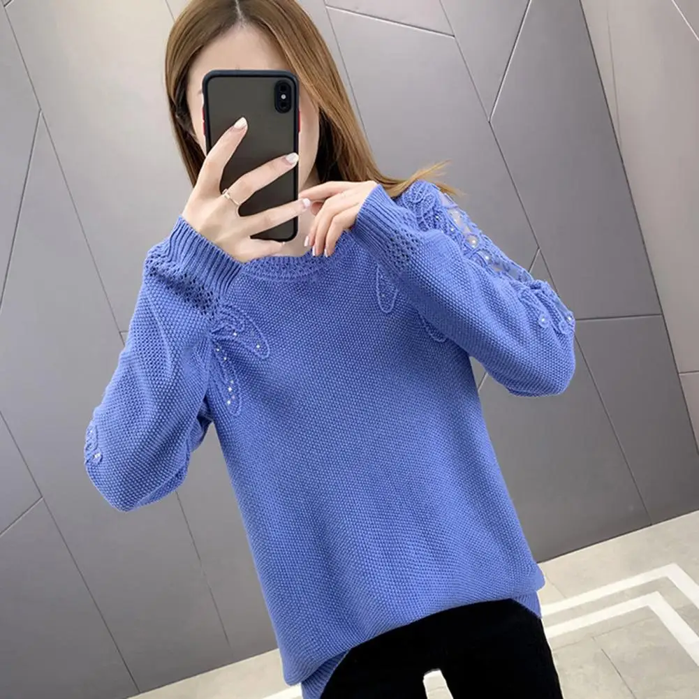 Popular Casual Sweater Sequins Decor Loose Fit Lady Lace Stitching Knitting Sweater  Skin-Touch Pullover Sweater Daily Clothing