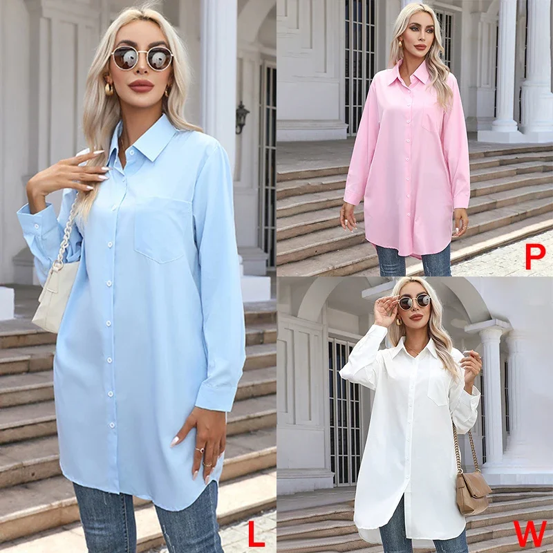 Women European and American solid color lapels loose casual fashion temperament commuting versatile long-sleeved shirt white L