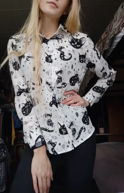 Autumn Spring Women Shirts Black White Cartoon Cat Print Blouses Fashion Slim Long Sleeve Chiffon Shirt Female Tops Blusas Mujer