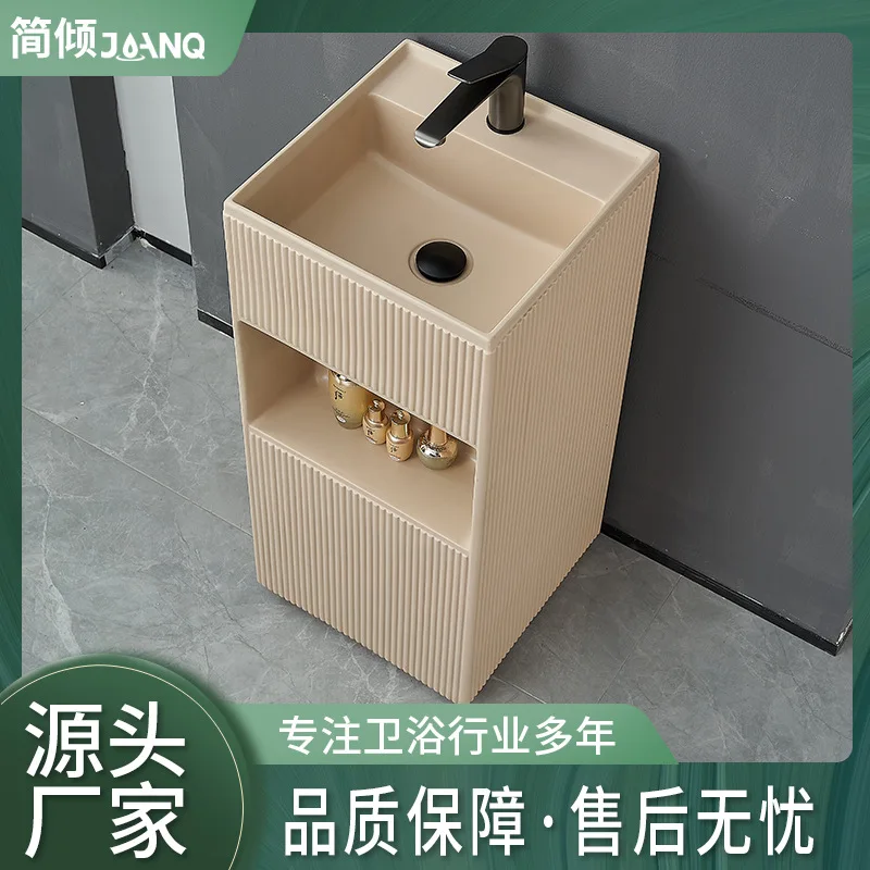 Creative integrated floor-to-ceiling wash basin Modern simple artificial stone column basin Cream wind square column wash basin