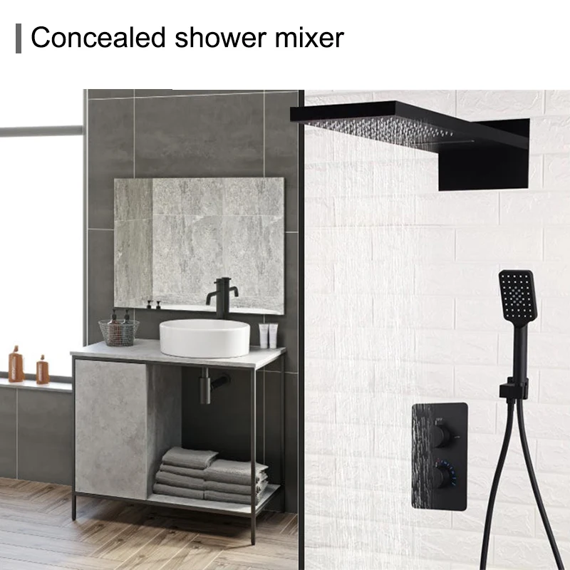 Wall Mounted Black Shower Faucets set Thermostatic Water Saving Top Rain Shower Head Square Bathroom Modern Shower