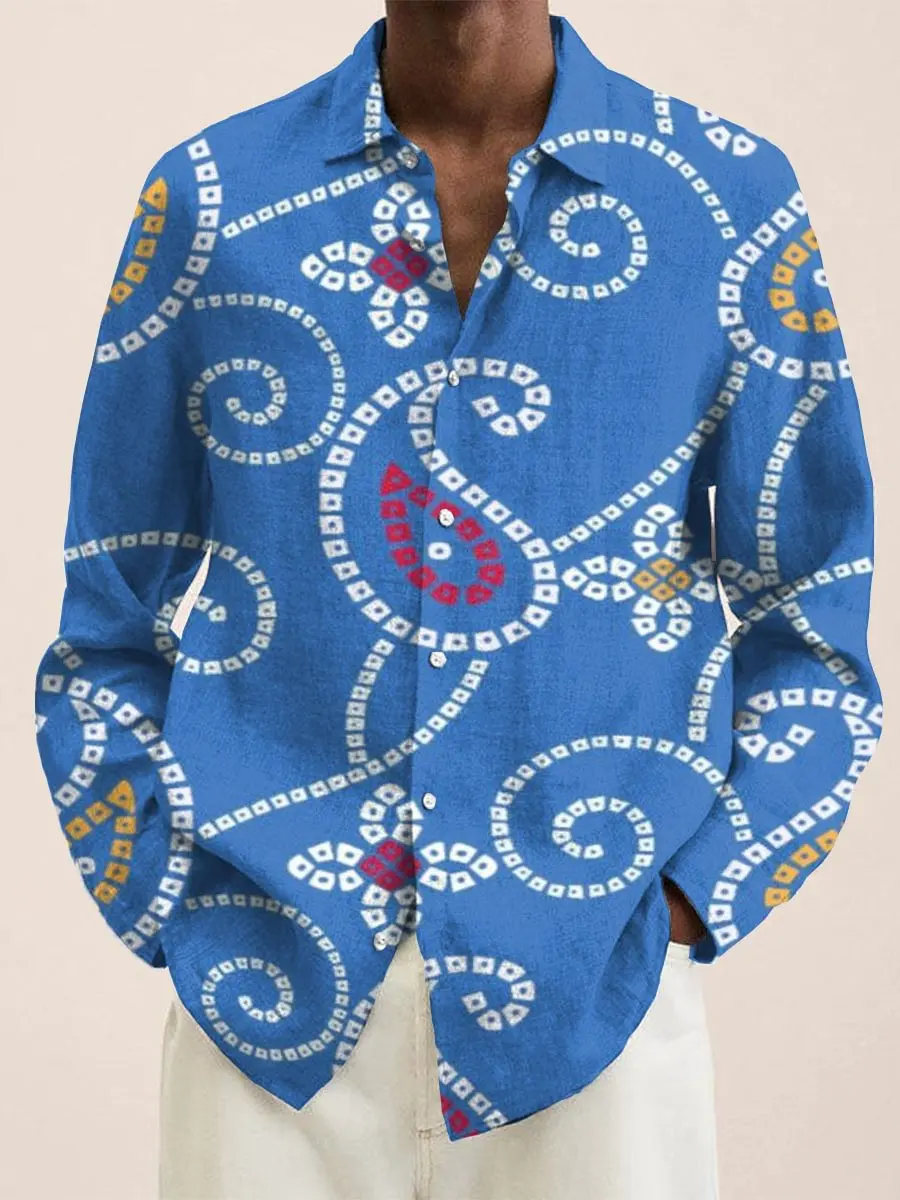 

2025 new 3D printed dinosaur egg art design pattern men's linen long sleeved button comfortable plus size shirt