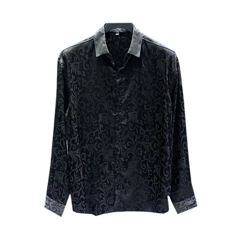 High-end Patterned Shirt Men's Long-sleeved Draped Loose Elegant Handsome Top Korean Style Youth Satin Shirt Trendy JJ916