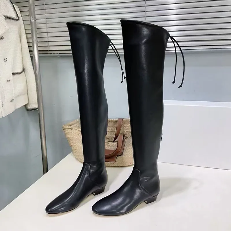 New 2025 Long Botas Women Spring Autumn Round Toe Square Heels Over-the-knee Boots Genuine Leather Side Zipper Modern Boots