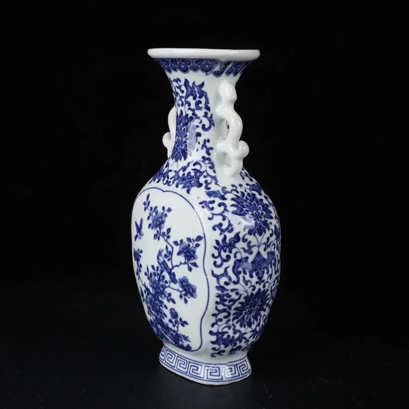 Qing Dynasty-Antique Porcelain Vase, Blue and White Flower and Bird Design, Two-Ear Vase, Qianlong Era Replica